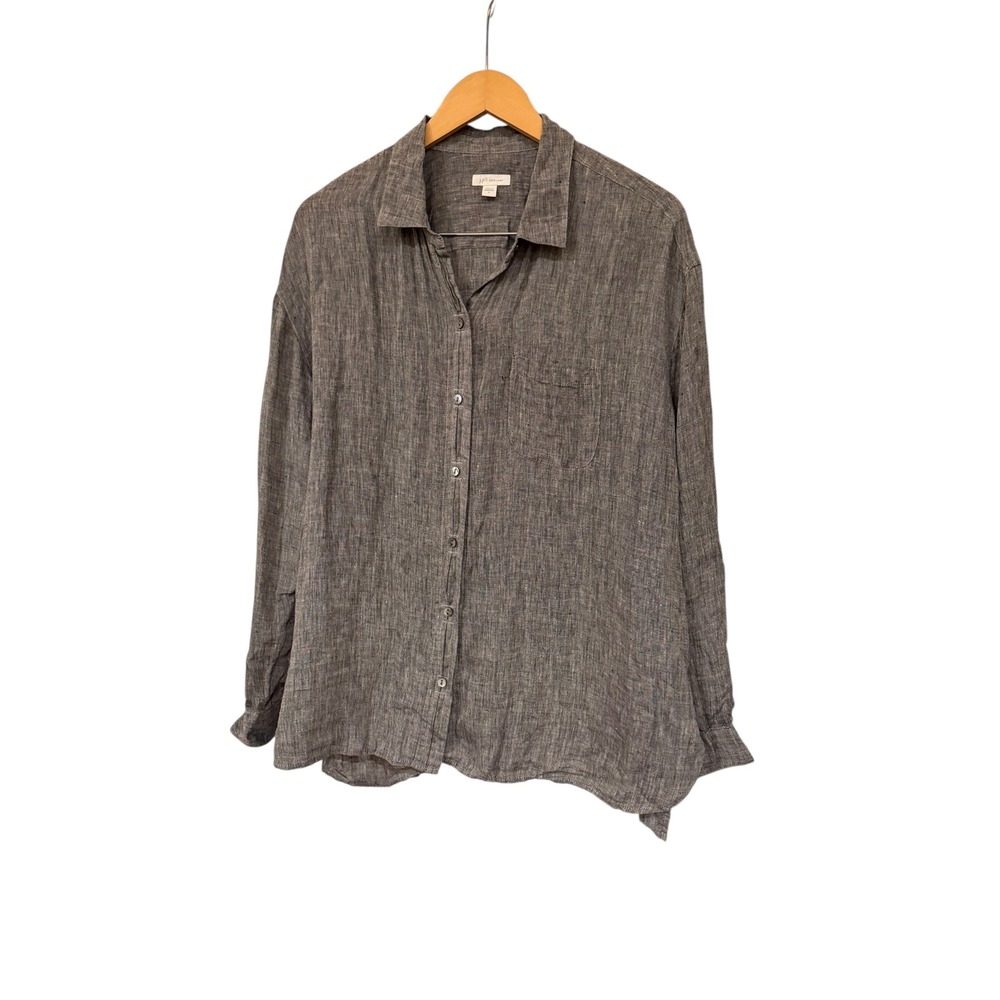 J Jill Love Linen Button Down Shirt Gray Long Sleeve Casual Top Natural Fiber L‎